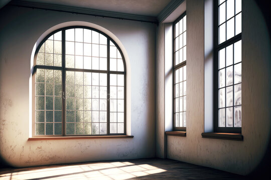 Semicircular Window In Interior Of Old Empty Repair Office Overlooks Street With Sprawling Tree