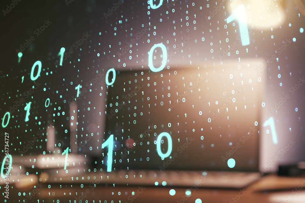 Leinwandbilder double exposure of creative abstract binary code hologram on laptop background. database and program