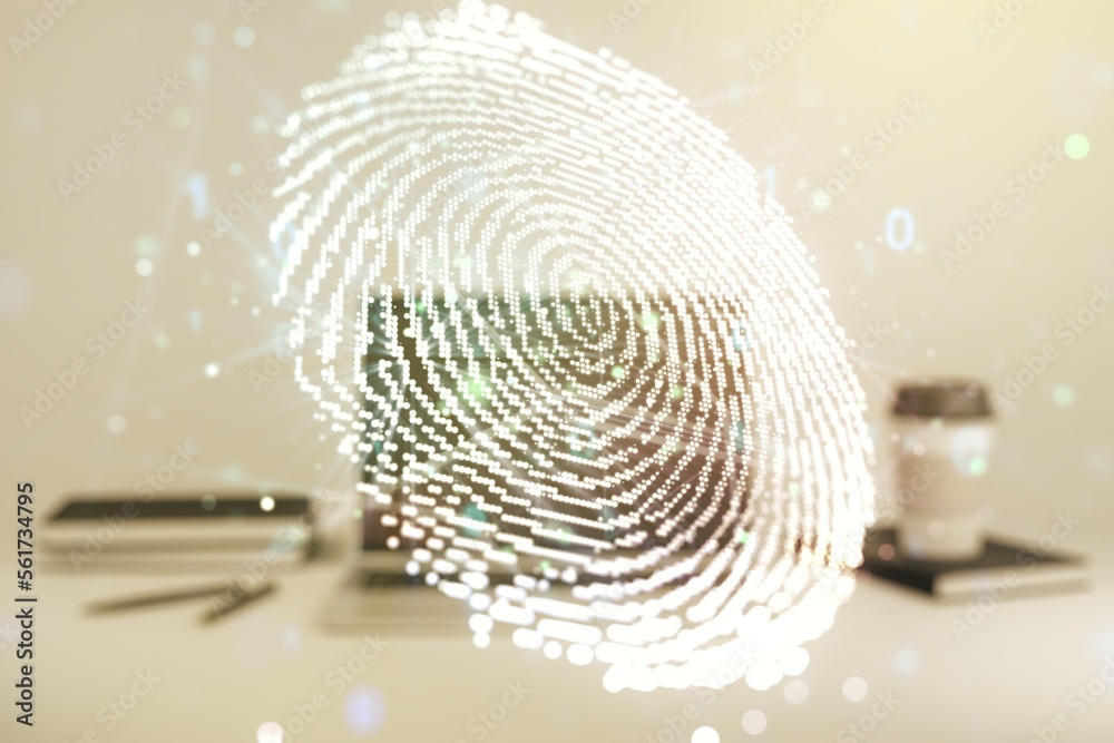 Aufkleber Multi exposure of abstract graphic fingerprint sketch on modern computer background, fingerprint scan data concept