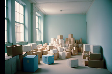 Carton boxes with stuff in room. Moving house concept. Created with Generative AI technology.