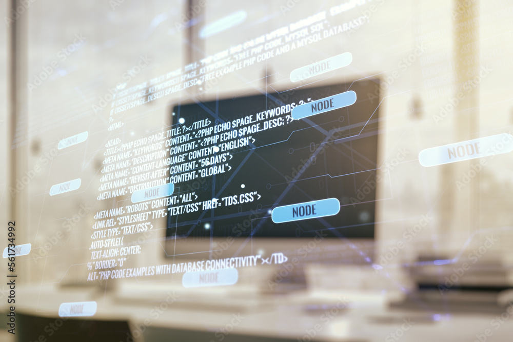 Poster double exposure of abstract creative programming illustration on computer background, big data and b