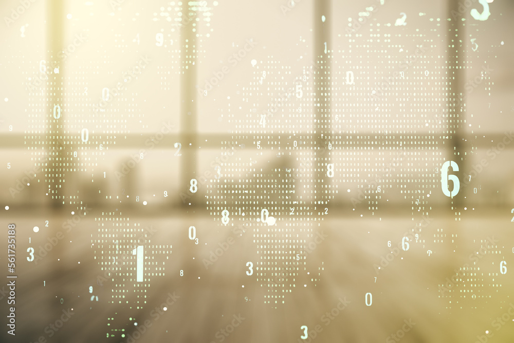 Fototapete multi exposure of abstract software development hologram and world map on empty modern office backgr