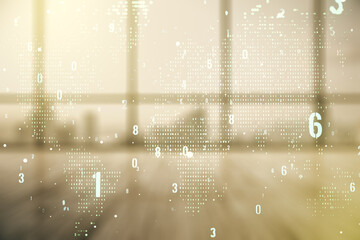 Multi exposure of abstract software development hologram and world map on empty modern office background, global research and analytics concept