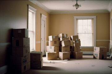 Cardboard boxes and household stuff indoors, space for text. Moving day. Created with Generative AI technology.