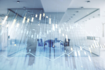 Multi exposure of virtual abstract financial graph interface on a modern furnished classroom...