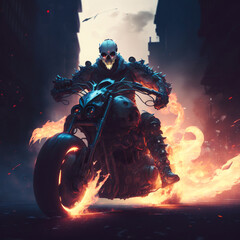 The death knight rush on his powerful motorcycle through the city. Created with Generative AI