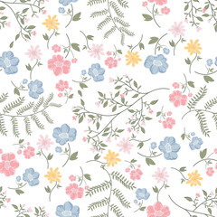 Seamless cute colorful floral vector pattern on white background