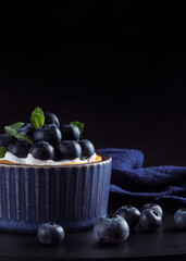 Blueberry tart with fresh berries, side view. Homemade cake with blueberries at black background, close-up.