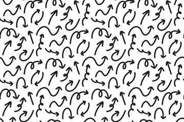 Seamless pattern background with different hand drawn arrow pointers. Vector backdrop with arrows icons. Smooth different sketch sign texture for education and business design on white background