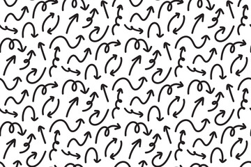 Seamless pattern background with different hand drawn arrow pointers. Vector backdrop with arrows icons. Smooth different sketch sign texture for education and business design on white background