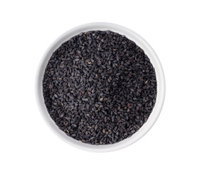Top view of black sesame seeds in white bowl isolated on transparent png