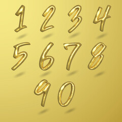 Set of gold isolate number. Brass metallic 3D realistic. Vector illustator.