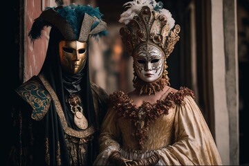 people wearing masks at the Venice Carnival. venetian carnival mask. Generative Ai 