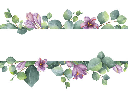 Watercolor vector wreath with green eucalyptus leaves, purple flowers and branches. Perfect for wedding invitation, postcard, scrapbooking, Mother day , packaging, greeting cards, textiles.