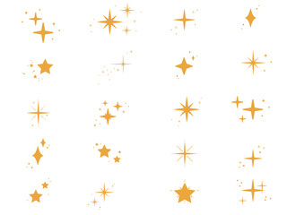 Collection of different stars and sparkles isolated on dark background. Illustration on transparent background