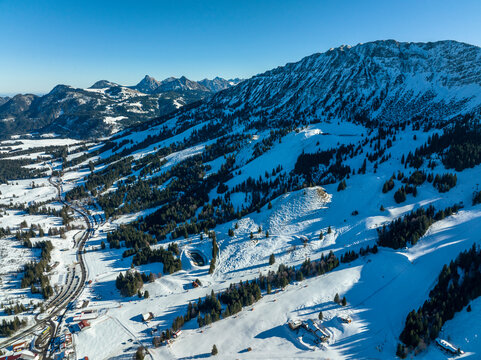 Germany, Bavaria, Oberjoch, Snow-covered landscape of Allgau Alps