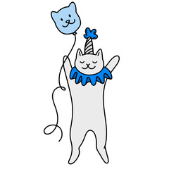 Cute cartoon cat in hat with baloon. Party pet