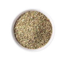 dry thyme leaves in white bowl  isolated on transparent png - obrazy, fototapety, plakaty