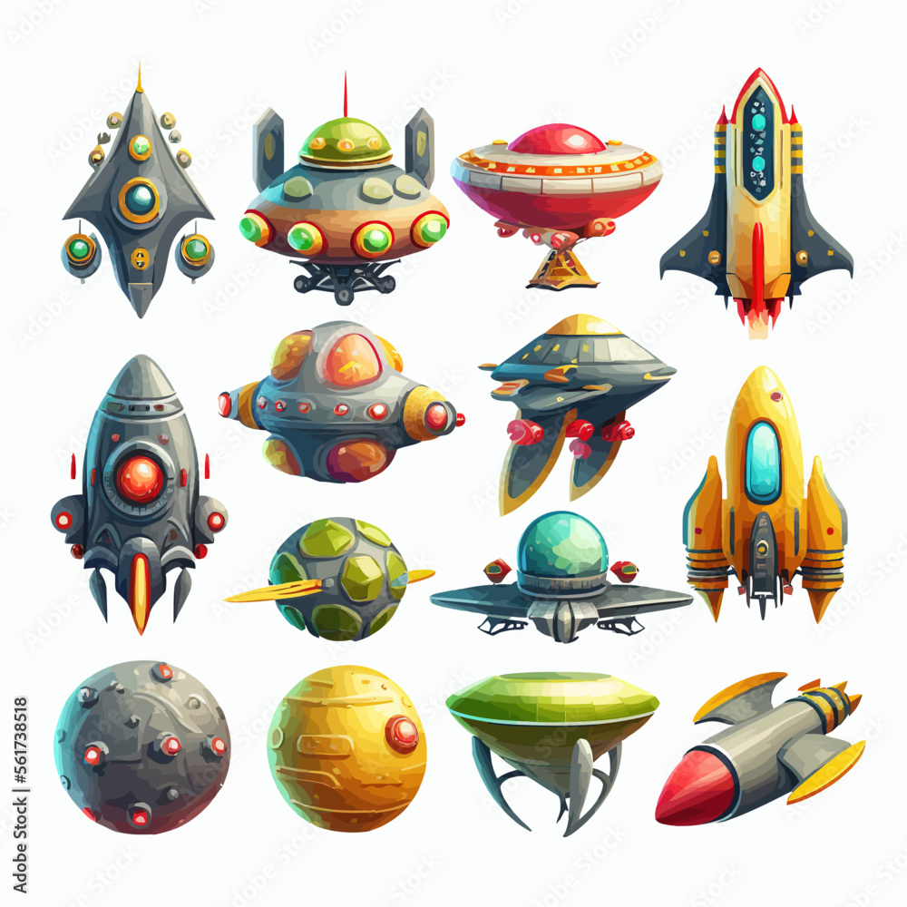 Poster alien spaceship game icons vector set. isolated on background. cartoon vector illustration