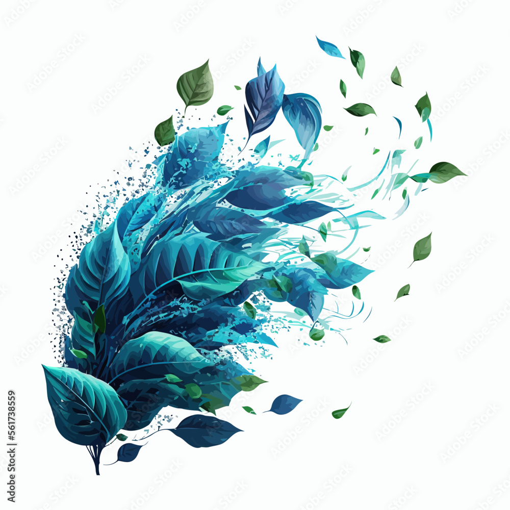 Canvas Prints Blue wind flows, air swirls and waves with flying green leaves. Isolated on background. Cartoon vector illustration