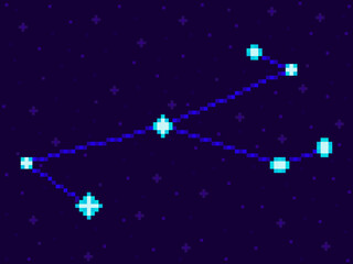 Fototapeta na wymiar Monoceros constellation in pixel art style. 8-bit stars in the night sky in retro video game style. Cluster of stars and galaxies. Design for applications, banners and posters. Vector illustration