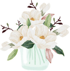 watercolor white magnolia blooming flower branch bouquet in glass vase clipart © Unchalee