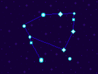 Fototapeta na wymiar Ophiuchus constellation in pixel art style. 8-bit stars in the night sky in retro video game style. Cluster of stars and galaxies. Design for applications, banners and posters. Vector illustration