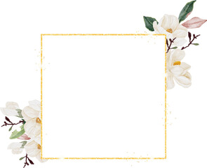 watercolor white magnolia flower and leaf bouquet clipart wreath square frame with gold glitter