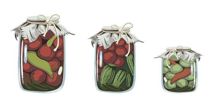 composition with preparations for the winter. vintage jars with canned vegetables, cucumbers, green tomatoes, red tomatoes. vector illustration