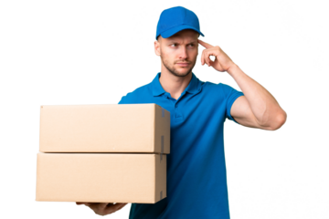 Delivery caucasian man over isolated background having doubts and thinking