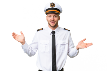 Airplane pilot man over isolated background with shocked facial expression
