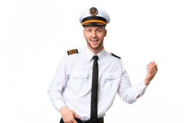 Airplane pilot man over isolated background making guitar gesture