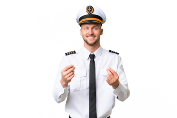 Airplane pilot man over isolated background making money gesture