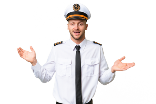 Airplane pilot man over isolated background with shocked facial expression