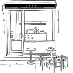 Cafe Front shop with table and seat Restaurant small Business Hand drawn line art illustration