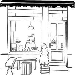 Cafe Front shop Table and Seat Restaurant Small Business in city Hand drawn line art illustration
