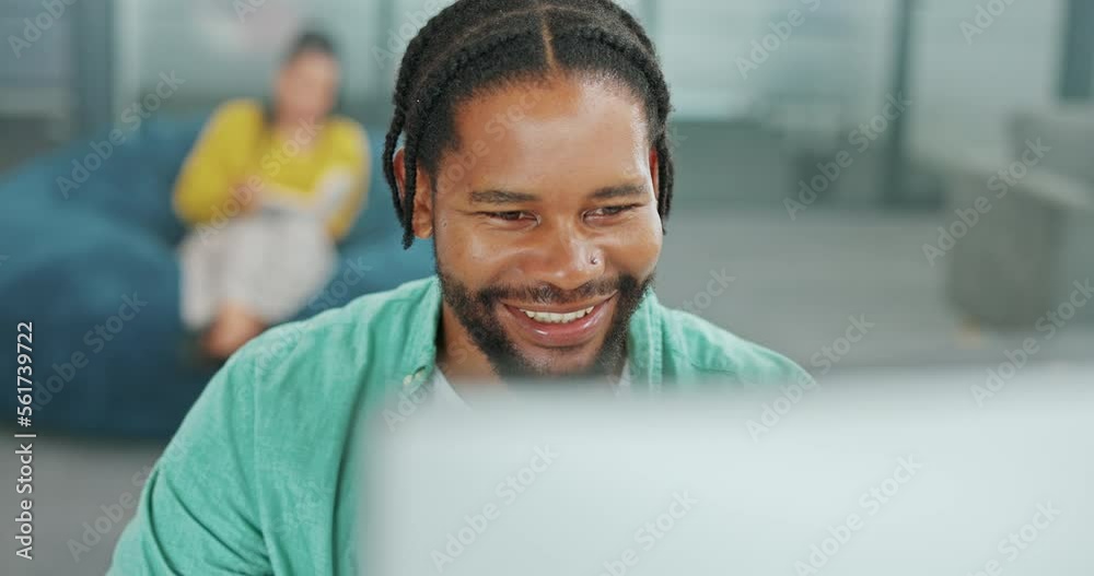 Leinwandbilder working, business and happy black man on computer in office satisfied with marketing project progres
