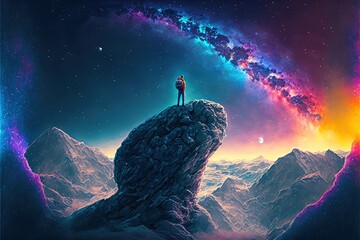 An astronaut stands on a mountain under the cosmic sky