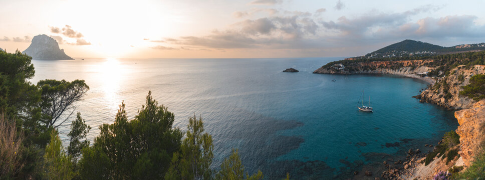 Spain, Balearic Islands, Coastline of Ibiza island at sunset