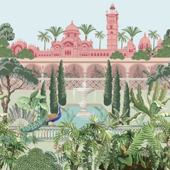 Mughal Garden, peacock, plants. tree, palace, fence illustration pattern - obrazy, fototapety, plakaty