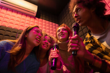 Multiracial friends singing karaoke through microphones at amusement arcade