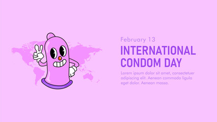 international condom day banner with condom cartoon character