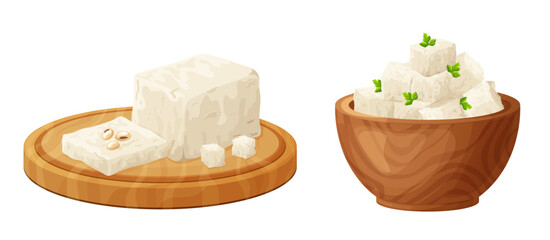 Tofu on wood board, soybean, olive. Composition of sliced feta in cartoon style. Vegetarian healthy food. Greek traditional cheese. Vector illustration isolated on white background