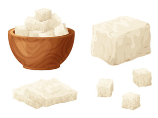 Feta soft cheese. Cartoon greek brined curd white peace made from sheeps milk. Delicious food of soy milk. Vegetarian product vector illustration