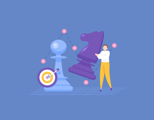 business strategy and plan. tactics to reach the target. plan to get the win. a businessman moves horse chess pieces to win the competition. illustration concept design. graphic elements