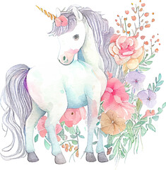 Cute Watercolor Magic Unicorn with Flowers Illustration © olegganko