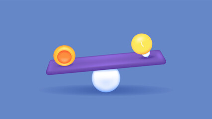 symbols of coins, lights, seesaw, scales. the value of an idea and the balance of money and ideas. assessment, solution, and creativity. 3d and realistic illustration concept design. graphic elements