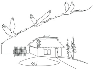 Conceptual image Ukrainian country house and cranes flying away. Continuous one line minimalistic art technique