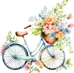 Fototapeta na wymiar Cute Spring Watercolor Bicycle with Flowers