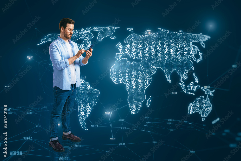Poster attractive young caucasian man using cellphone with glowing pixel map hologram on blurry blue backgr